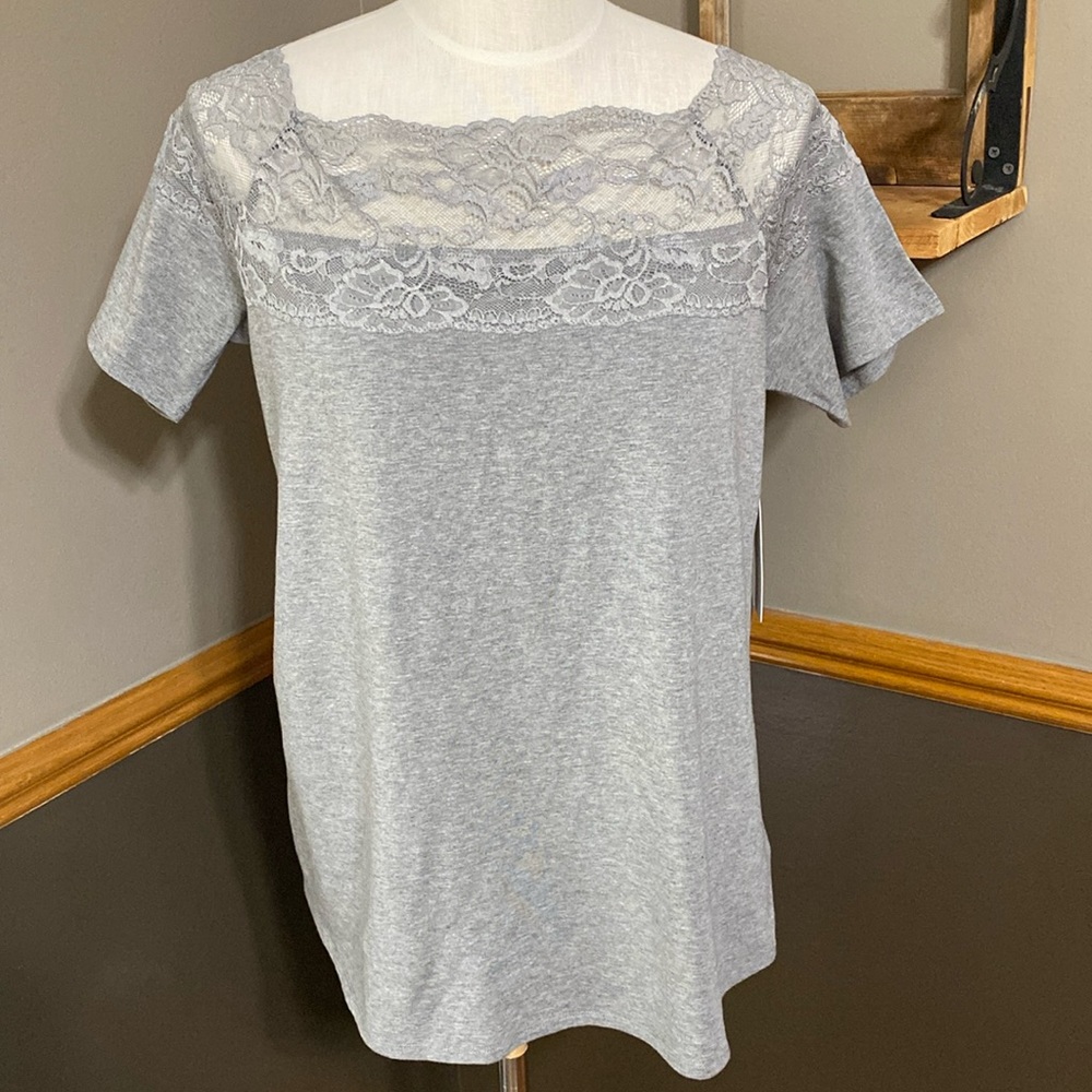 Soft surroundings gray cotton & lace short sleeve top size large